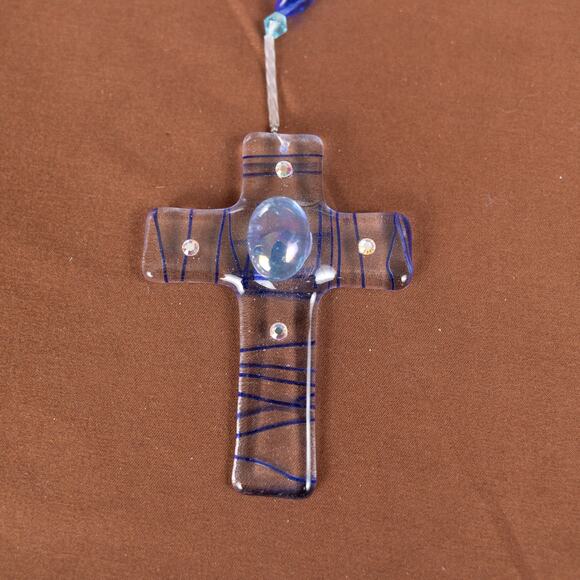 Glass Suncatcher Blue Beaded Cross - Picture 1 of 4